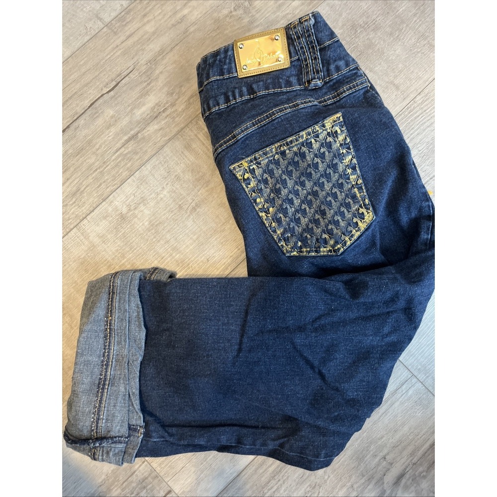 Baby Phat Jeans Womens 18 Blue Denim‎ Cuffed Capri Gold Cat Logo Y2K
